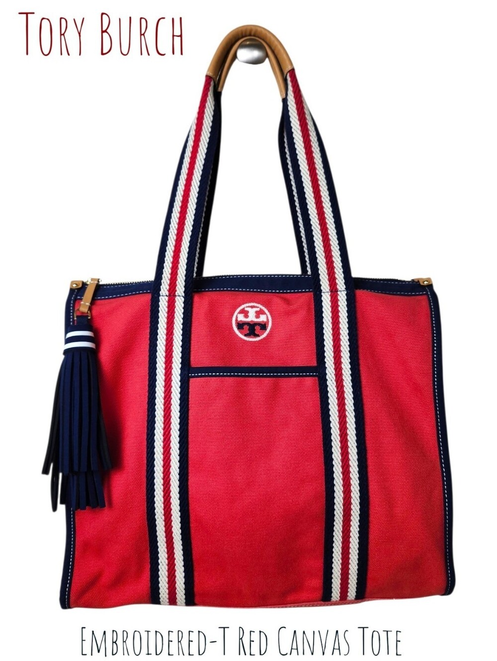 Tory Burch Embroidered-T Red Canvas Tote Handbag Red Navy Cream Purse